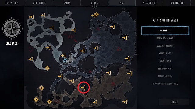 Wasteland 3 map showing the location of the Bizzare in the south. 